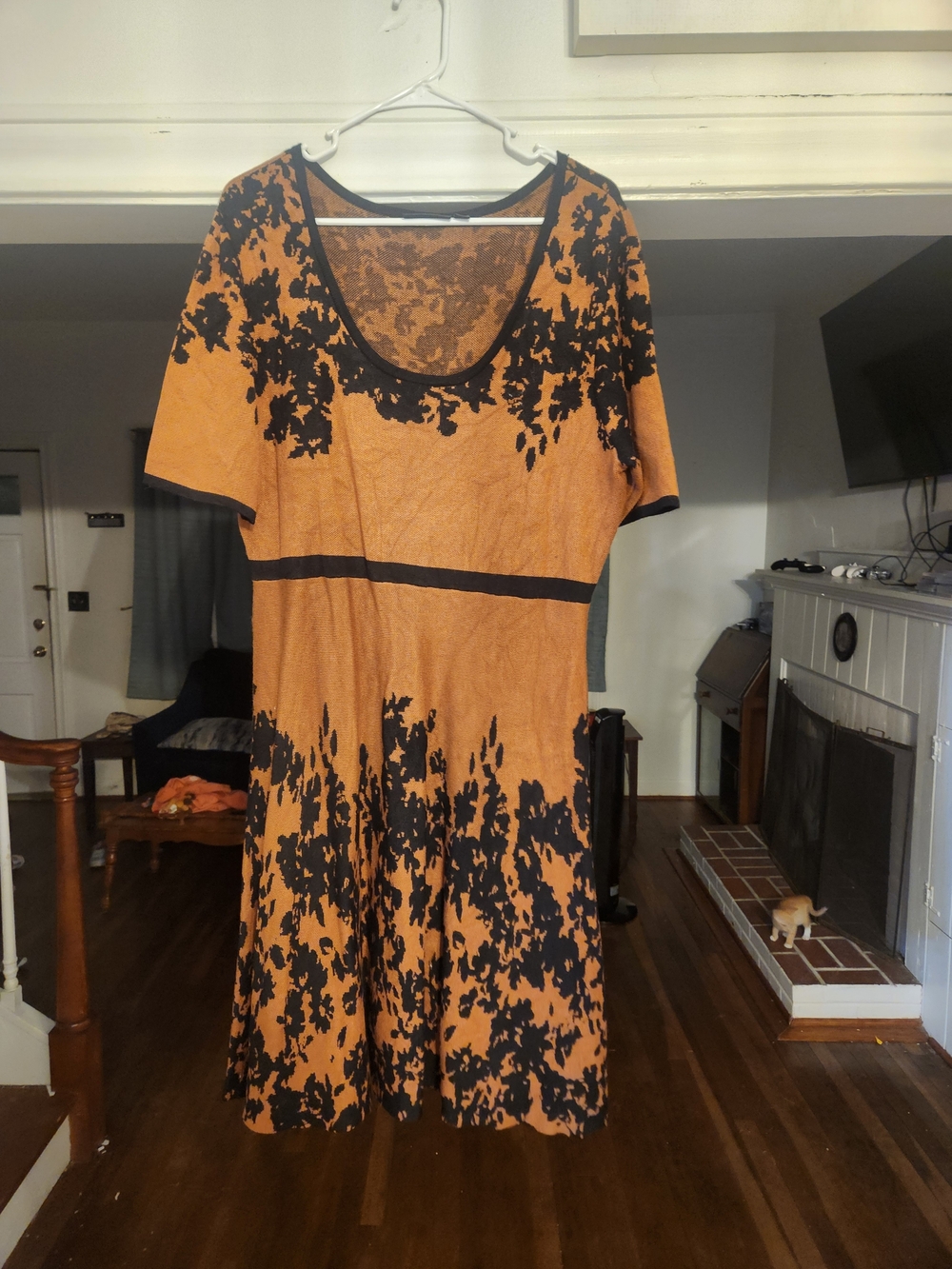 Nina Leonard Orange Floral-Print Scoop Neck Mini Dress